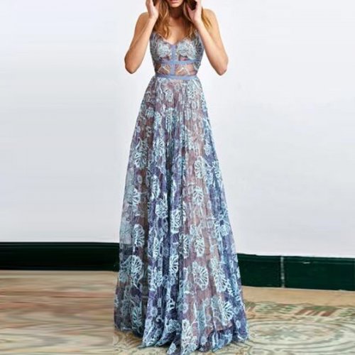 A-Line Spaghetti Straps Backless Sky Blue Sheer Lace Prom Dress