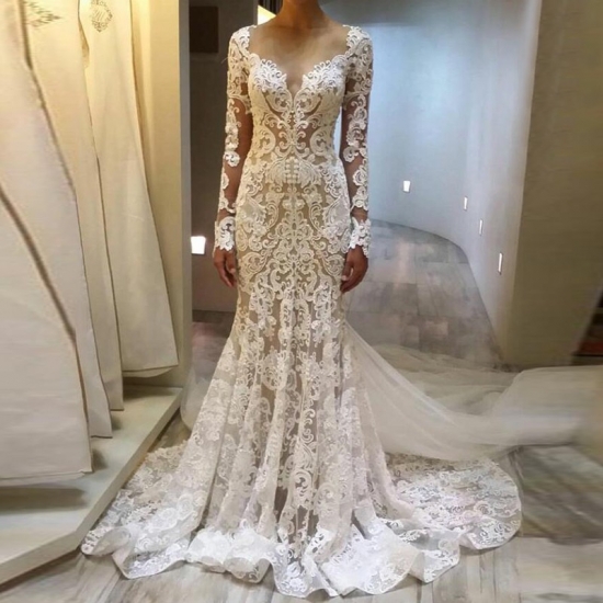 Fabulous Mermaid Wedding Dress - Scoop Neck Long Sleeves Sweep Train Lace - Click Image to Close