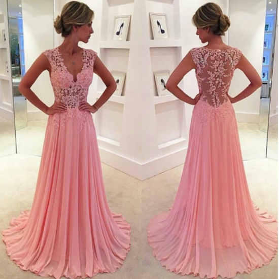 Nice Pink Prom Dress - Scoop Floor Length Pleated with Lace Illusion Back - Click Image to Close
