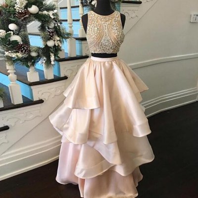 Youthful Pearl Pink Prom Dress - Two Piece Jewel Floor Length Tiered with Beading