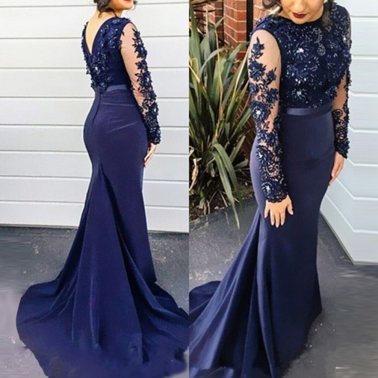 Mermaid Navy Blue Prom Dress - Bateau Long Sleeves Sweep Train with Sash Beading Appliques - Click Image to Close