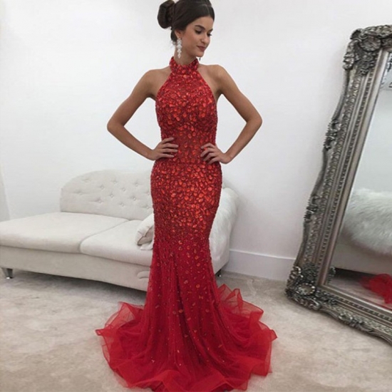 Red Mermaid Prom Dress - Halter Backless Sweep Train with Rhinestones - Click Image to Close