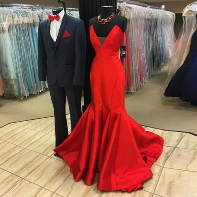 Red Mermaid Style Prom Dress - V-neck Sleeveless Sweep Train Lace-up