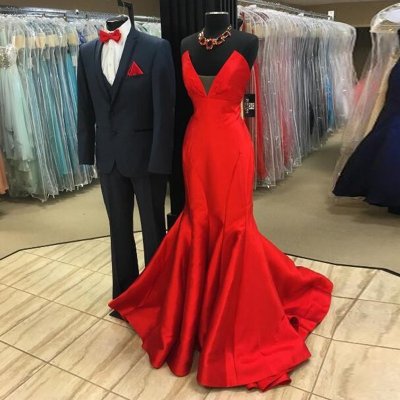 Red Mermaid Style Prom Dress - V-neck Sleeveless Sweep Train Lace-up