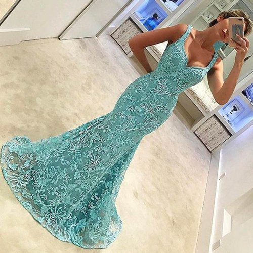 Mermaid Lace Prom Dress - Turquoise Scoop Sleeveless Sweep Train