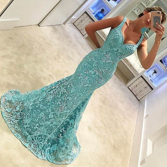 Mermaid Lace Prom Dress - Turquoise Scoop Sleeveless Sweep Train - Click Image to Close