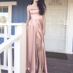 Long Blush Off-the-Shoulder Short Sleeves Split Prom Dress