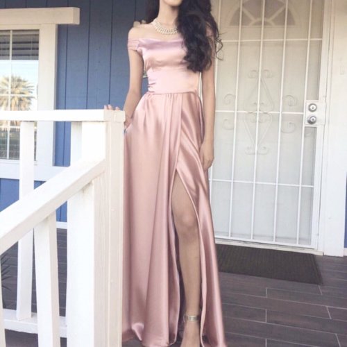 Long Blush Off-the-Shoulder Short Sleeves Split Prom Dress