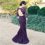 Mermaid Grape 3/4 Sleeves Bateau Long Open Back Lace Bridesmaid Dress