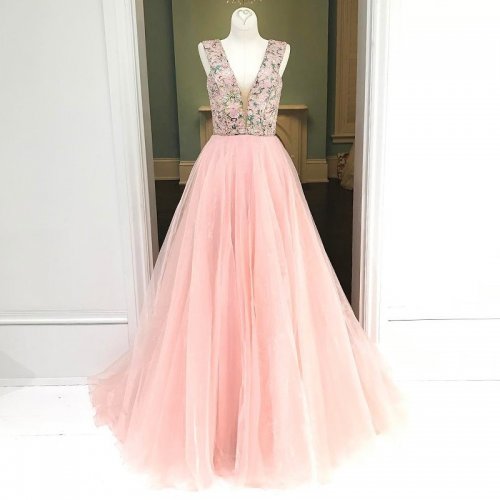 Pink A-line Deep V-neck Floor-Length Prom Dress Printed Flowers with Beading