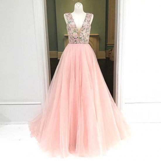 Pink A-line Deep V-neck Floor-Length Prom Dress Printed Flowers with Beading - Click Image to Close