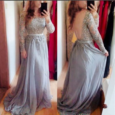 Light Grey Backless Long Sleeves Bateau Prom Dress with Sash Beading Appliques