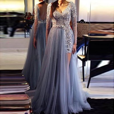 Backless Prom Dress - V-neck Long Sleeves Floor-Length with Sash Pearl Sequins
