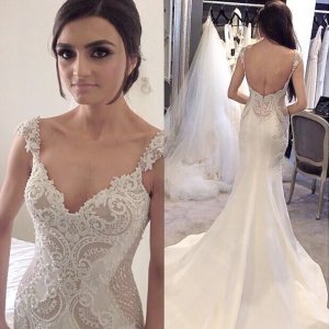 Mermaid V-Neck Long Satin Backless Wedding Dress with Beading Lace