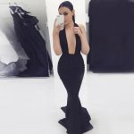 Mermaid Style Halter Backless Long Black Elastic Satin Prom Dress