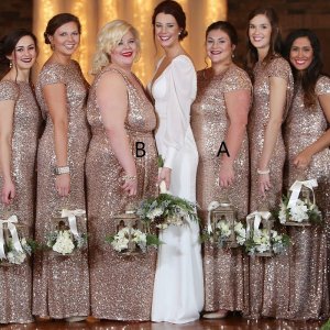 Sheath Bateau Cap Sleeves Long Champagne Sequined Bridesmaid Dress