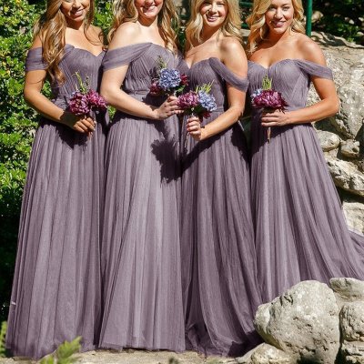A-Line Off-the-Shoulder Long Grey Tulle Bridesmaid Dress