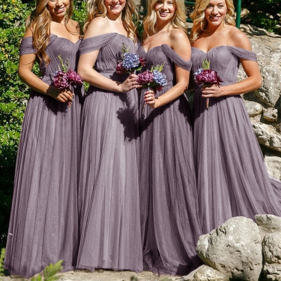 A-Line Off-the-Shoulder Long Grey Tulle Bridesmaid Dress - Click Image to Close