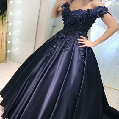 Ball Gown Off-the-Shoulder Navy Blue Satin Prom Dress with Beading Appliques