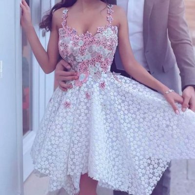 A-Line Straps Asymmetrical Ivory Lace Prom Homecoming Dress with Appliques