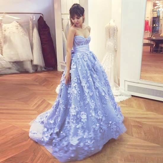 A-Line Sweetheart Sweep Train Lavender Tulle Prom Dress with Flowers Bowknot - Click Image to Close