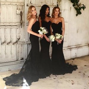 Mermaid Style Sweetheart Sweep Train Black Elastic Satin Bridesmaid Dress with Lace