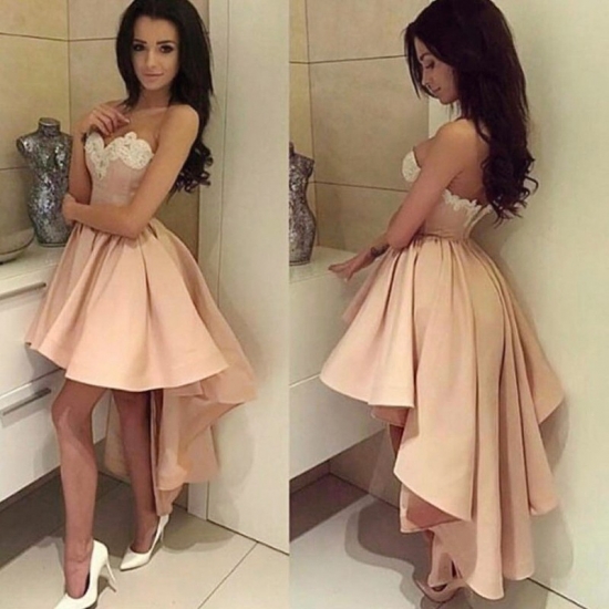 High Low Sweetheart Sleeveless Champagne Satin Homecoming Dress with Appliques - Click Image to Close