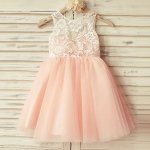 A-Line Round Neck Short Pink Tulle Flower Girl Dress with Lace