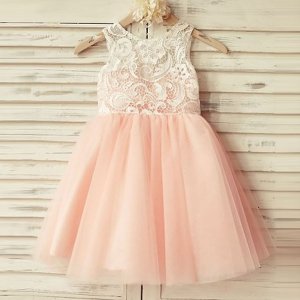 A-Line Round Neck Short Pink Tulle Flower Girl Dress with Lace