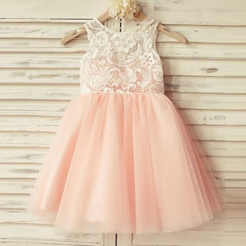 A-Line Round Neck Short Pink Tulle Flower Girl Dress with Lace