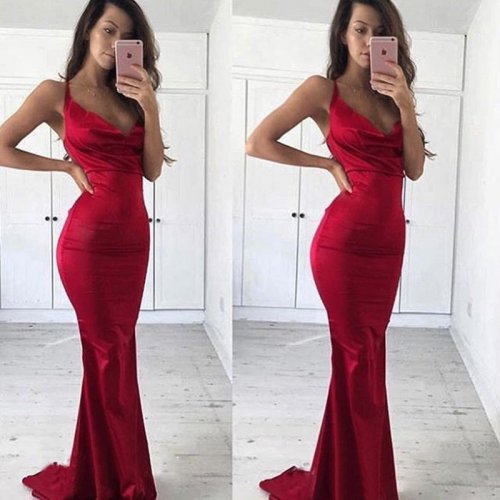 Mermaid V-Neck Sweep Train Dark Red Elastic Satin Prom Dress