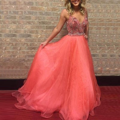 A-Line V-Neck Long Coral Organza Prom Dress with Lace Beading