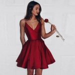 A-Line Spaghetti Straps Short Dark Red Satin Homecoming Dress with Pockets