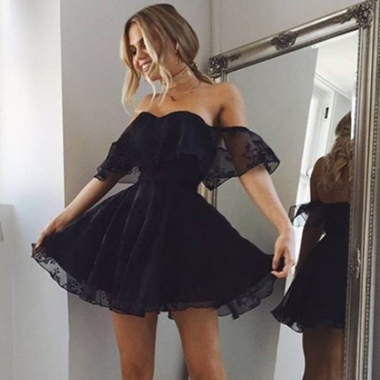 A-Line Off-the-Shoulder Short Black Organza Homecoming Dress with Appliques - Click Image to Close