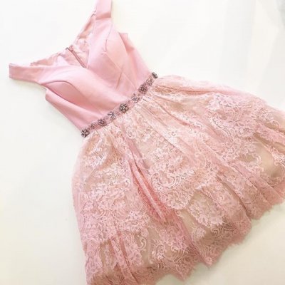 A-Line Off-the-Shoulder Cap Sleeves Pink Lace Homecoming Dress with Beading