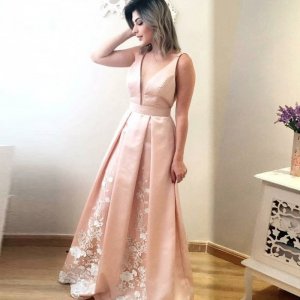 A-Line Deep V-Neck Pearl Pink Satin Prom Dress with Lace Pleats