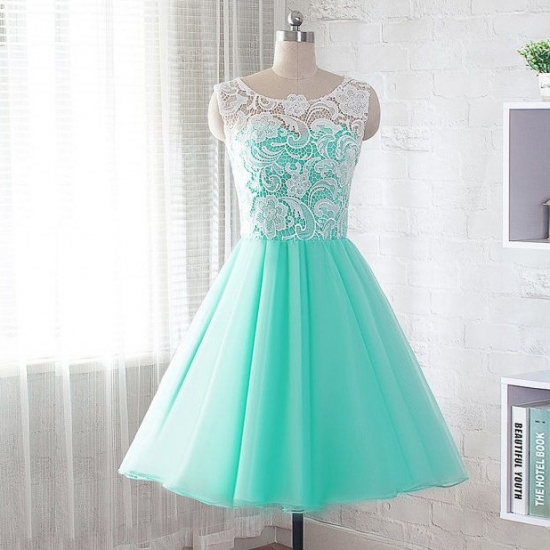 A-Line Jewel Short Mint Green Chiffon Homecoming Dress with Lace - Click Image to Close