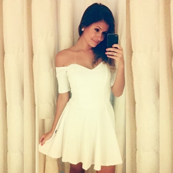 A-Line Off-the-Shoulder Short Sleeves White Homecoming Dress - Click Image to Close