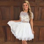 Two Piece Bateau Short Sleeves Ivory Lace Homecoming Dress with Beading