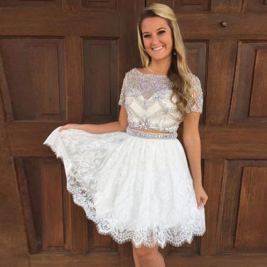 Two Piece Bateau Short Sleeves Ivory Lace Homecoming Dress with Beading - Click Image to Close