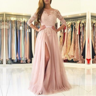 A-Line Bateau 3/4 Sleeves Pearl Pink Tulle Prom Dress with Appliques