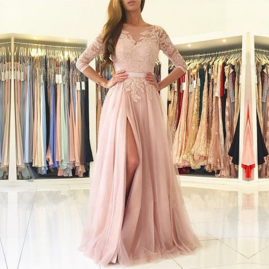 A-Line Bateau 3/4 Sleeves Pearl Pink Tulle Prom Dress with Appliques - Click Image to Close