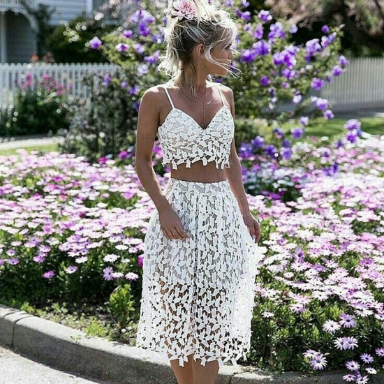 Two Piece Spaghetti Straps Short White Lace Homecoming Dress - Click Image to Close