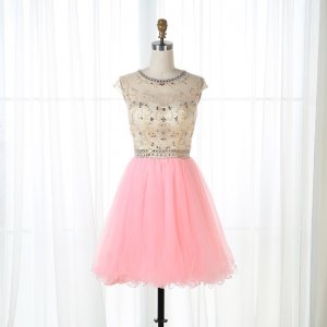 A-Line Round Neck Open Back Short Pink Tulle Beaded Homecoming Dress