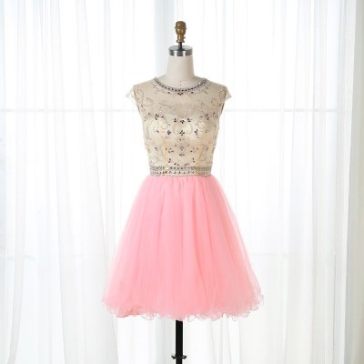 A-Line Round Neck Open Back Short Pink Tulle Beaded Homecoming Dress