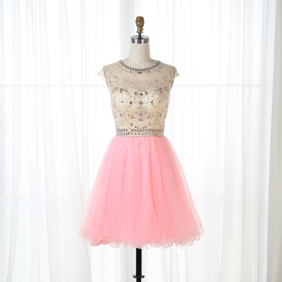 A-Line Round Neck Open Back Short Pink Tulle Beaded Homecoming Dress - Click Image to Close