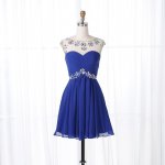 A-Line Bateau Open Back Royal Blue Chiffon Beaded Homecoming Dress