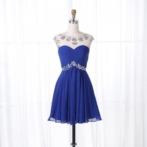 A-Line Bateau Open Back Royal Blue Chiffon Beaded Homecoming Dress