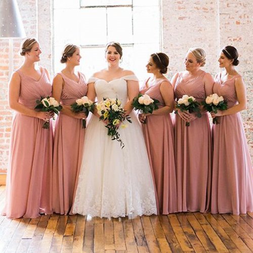 A-Line V-Neck Floor-Length Blush Chiffon Bridesmaid Dress with Pleats