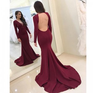 Mermaid Deep V-Neck Backless Sweep Train Burgundy Prom Dress